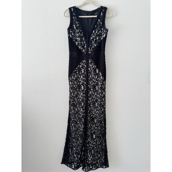 Tadashi Shoji Sleeveless Lace Gown with Pleated Panels Black Ivory Size 6 - Picture 2 of 6